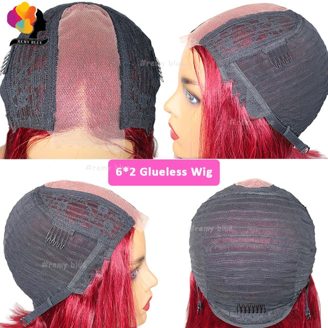 Ginger Blonde Bob Wig 6*2 Deep Part Human Hair Wigs for Black Women Burgundy 99J Red Colored Lace Front Straight Human Hair Wig