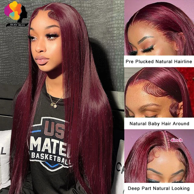 Burgundy Glueless Human Hair Wigs 13x4 Lace Front Wig Pre-Plucked Wear Go Straight Human Hair Lace Frontal Wigs for Black Women